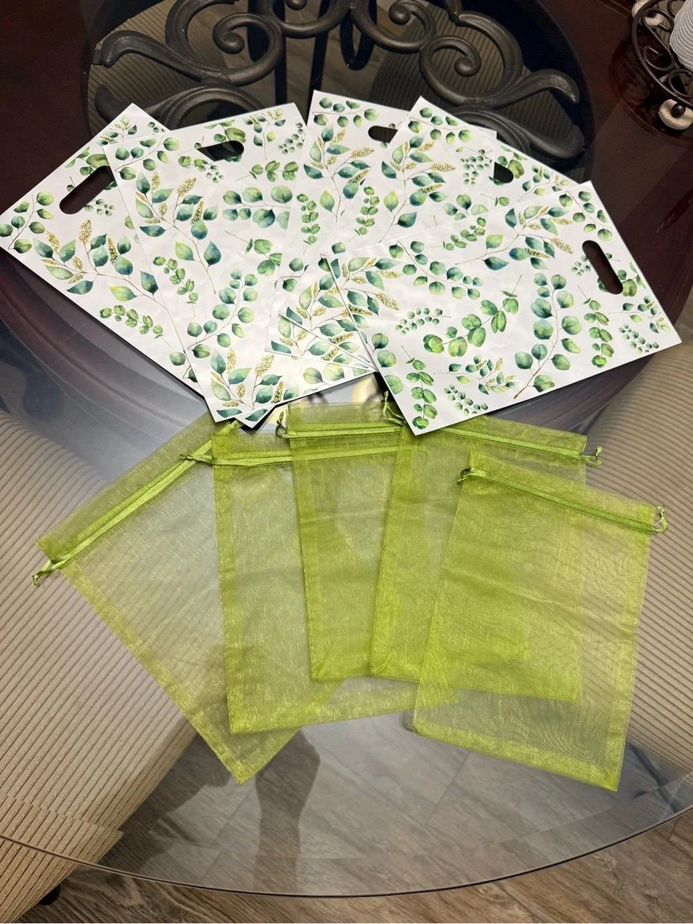 10 pcs Green Organza Favor Bags with Leaf Print Gift Bags - Party Supplies
